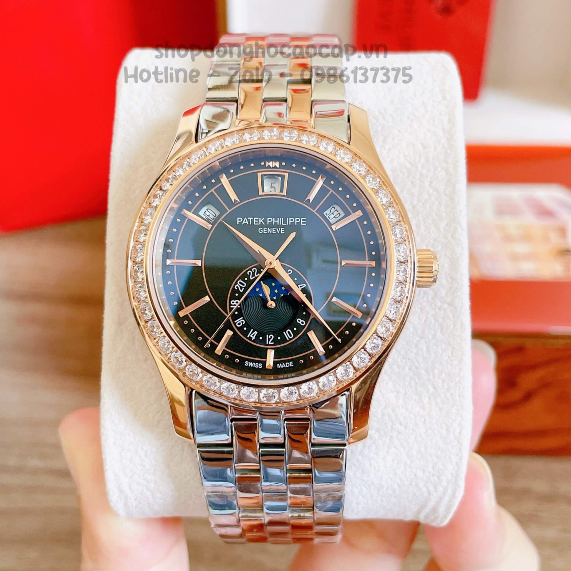 Đồng Hồ Patek Philippe Nam Cơ Tự Động Dây Thép Demi Rose Mặt Đen Đính Đá 40mm