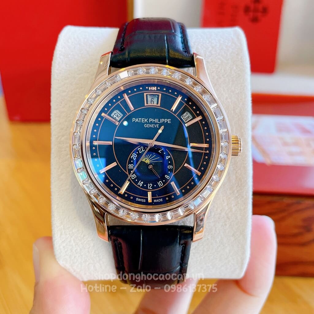 Đồng Hồ Patek Philippe Nam Máy Tự Động Dây Da Đen Rose Gold Viền Đá Ống 40mm