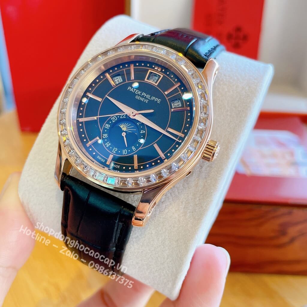 Đồng Hồ Patek Philippe Nam Máy Tự Động Dây Da Đen Rose Gold Viền Đá Ống 40mm