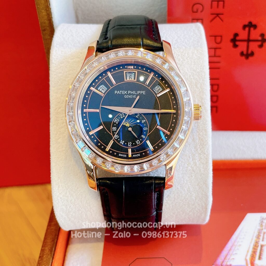 Đồng Hồ Patek Philippe Nam Máy Tự Động Dây Da Đen Rose Gold Viền Đá Ống 40mm