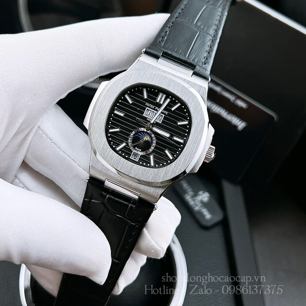 Đồng Hồ Patek Philippe Nam Máy Tự Động Dây Da Đen Silver 42x42mm