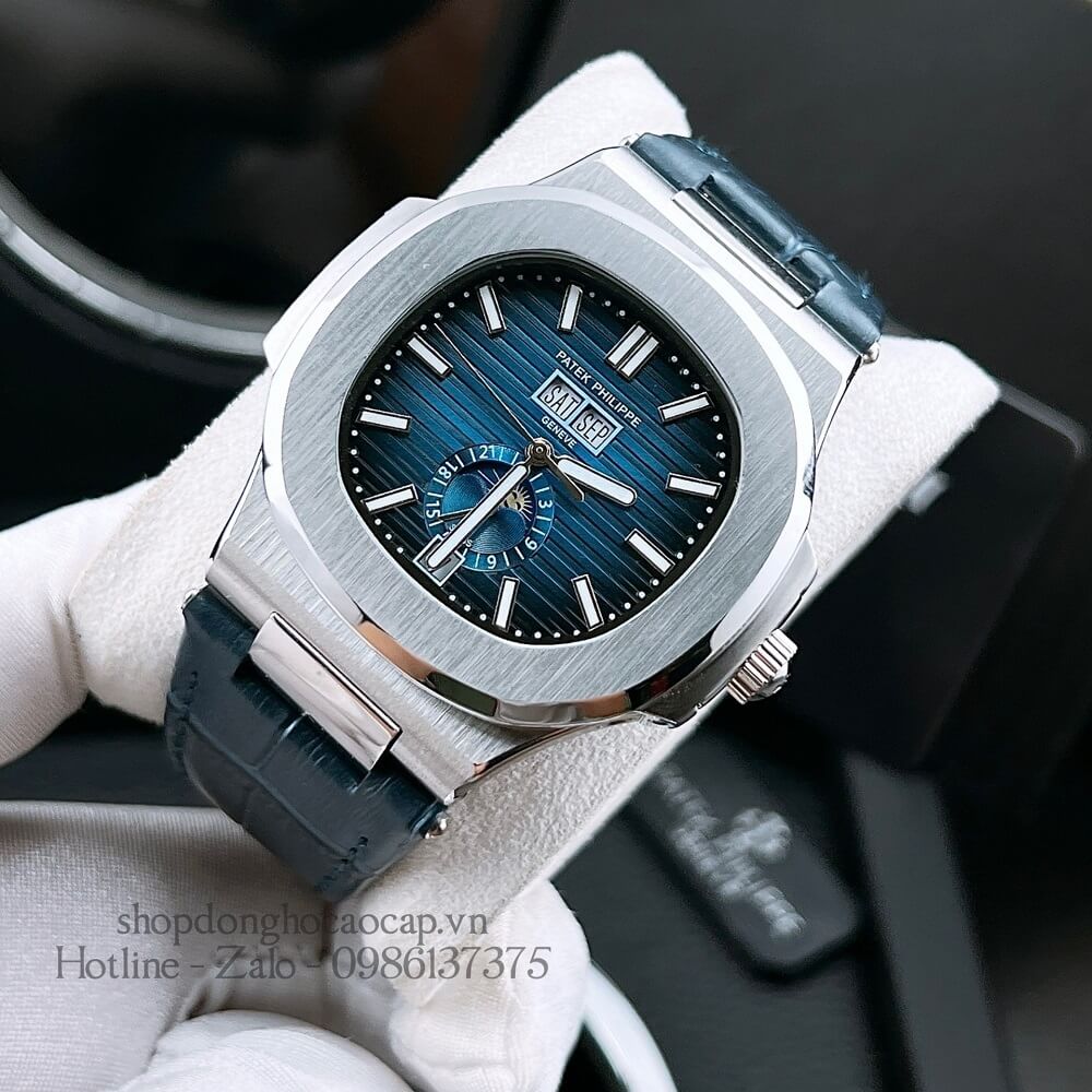 Đồng Hồ Patek Philippe Nam Máy Tự Động Dây Da Xanh Silver 42x42mm