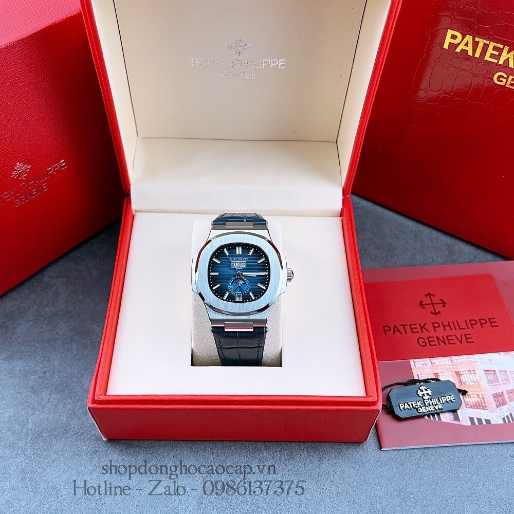 Đồng Hồ Patek Philippe Nam Máy Tự Động Dây Da Xanh Silver 42x42mm