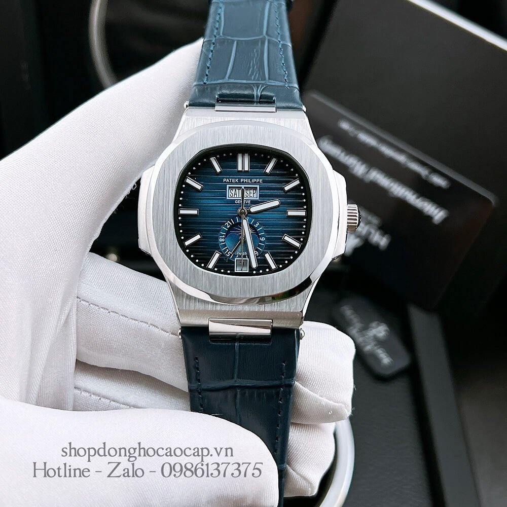 Đồng Hồ Patek Philippe Nam Máy Tự Động Dây Da Xanh Silver 42x42mm