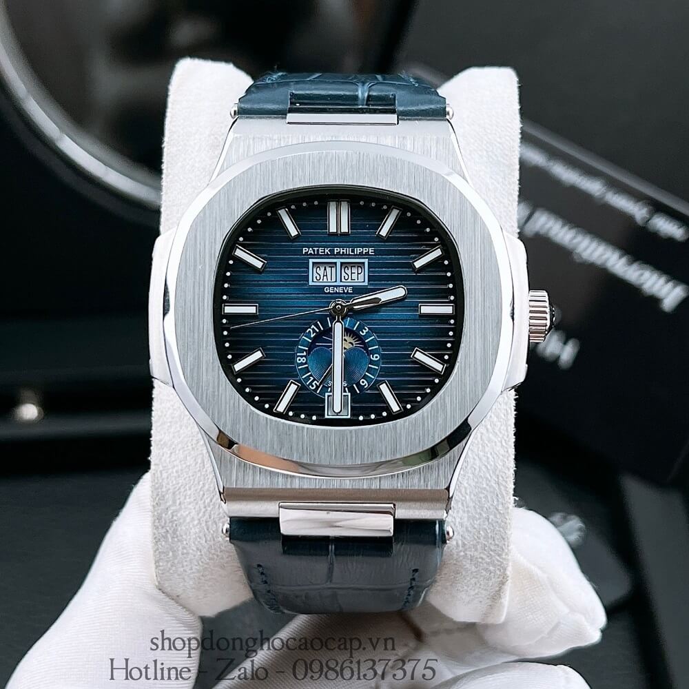 Đồng Hồ Patek Philippe Nam Máy Tự Động Dây Da Xanh Silver 42mm