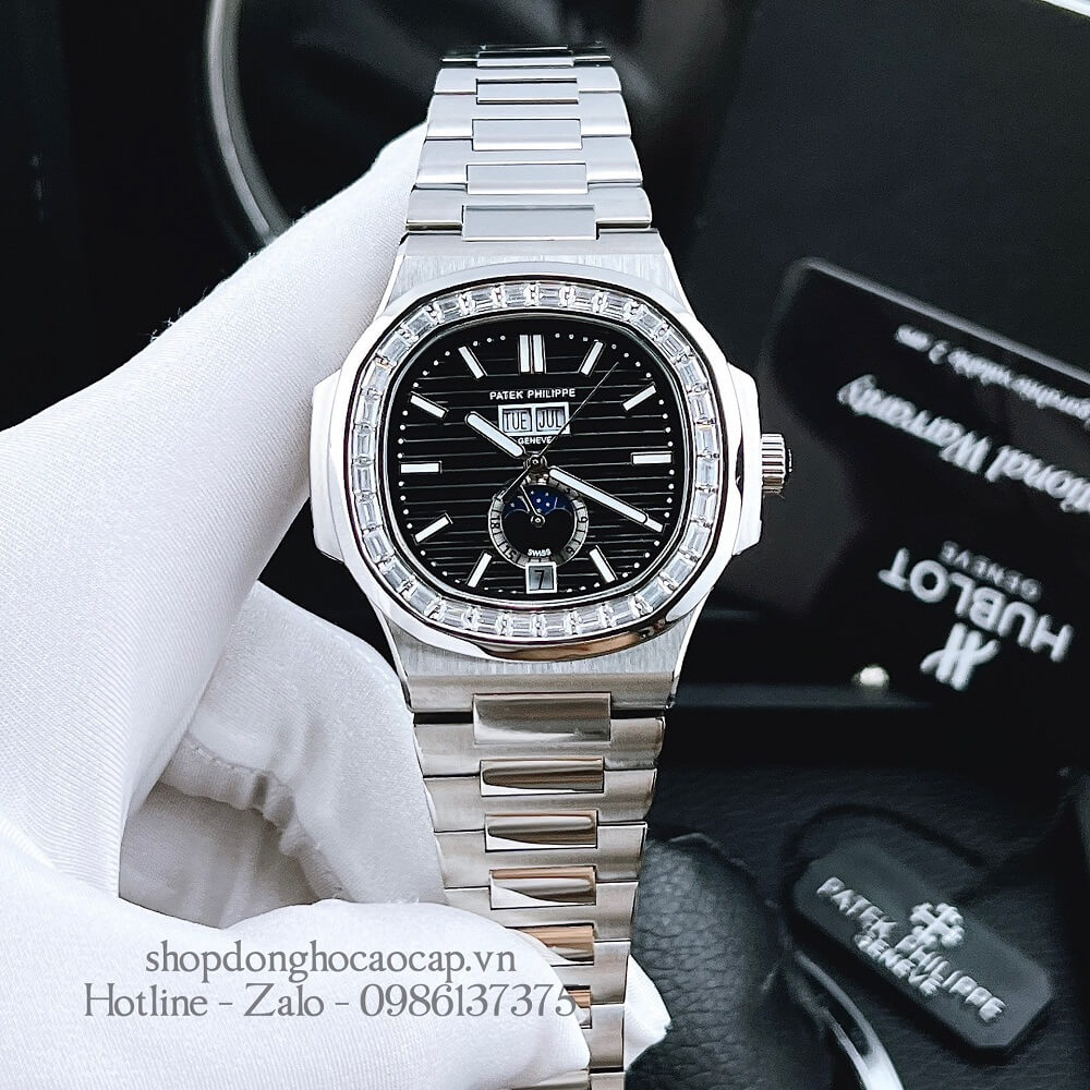 Đồng Hồ Patek Philippe Nam Máy Tự Động Dây Inox Bạc Mặt Đen 42mm