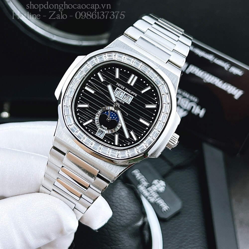 Đồng Hồ Patek Philippe Nam Máy Tự Động Dây Inox Bạc Mặt Đen 42mm