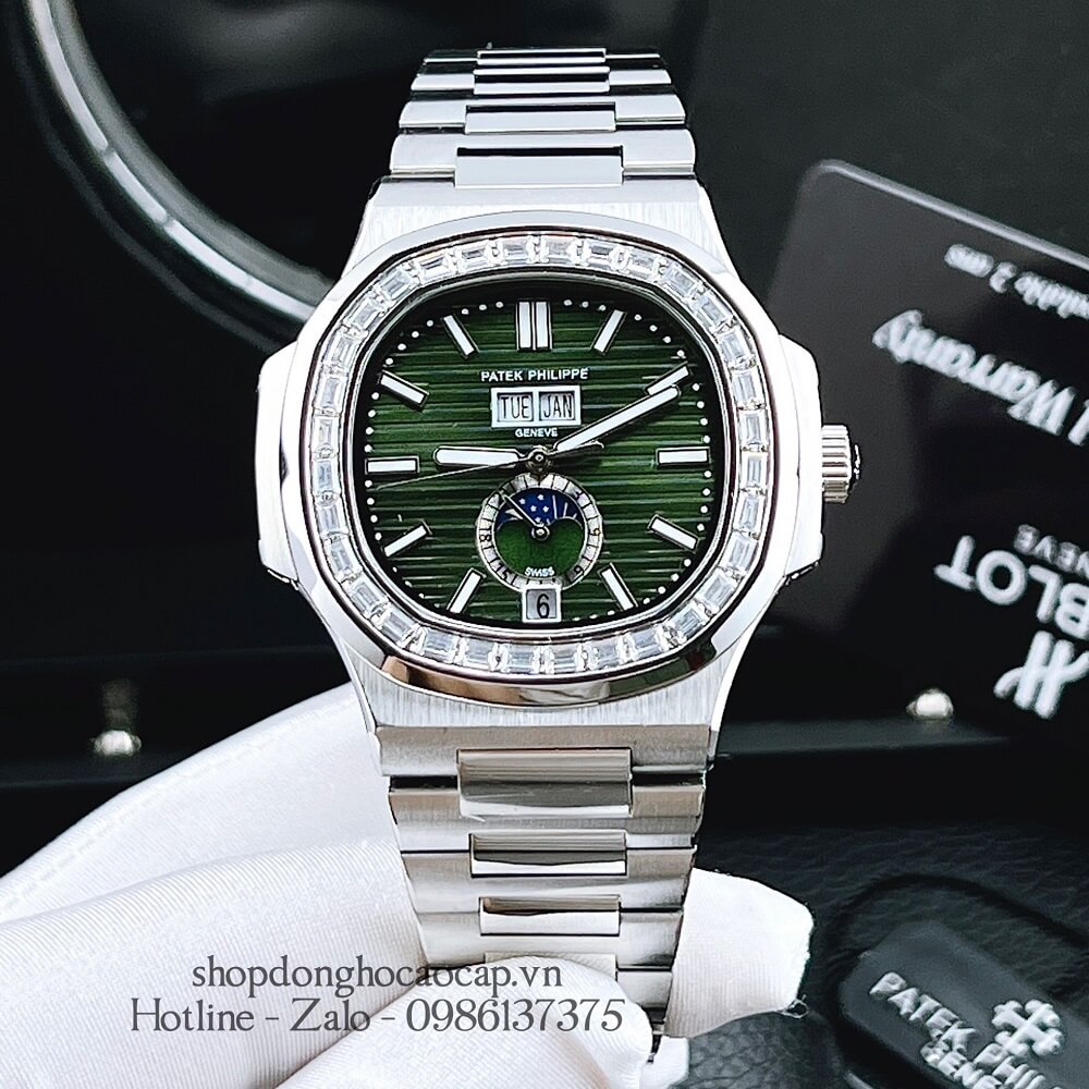 Đồng Hồ Patek Philippe Nam Máy Tự Động Dây Inox Bạc Mặt Xanh Lá 42mm