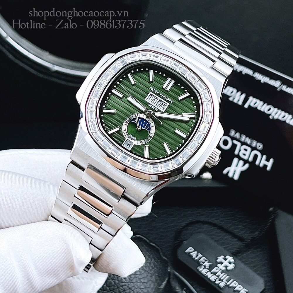 Đồng Hồ Patek Philippe Nam Máy Tự Động Dây Inox Bạc Mặt Xanh Lá 42x42mm