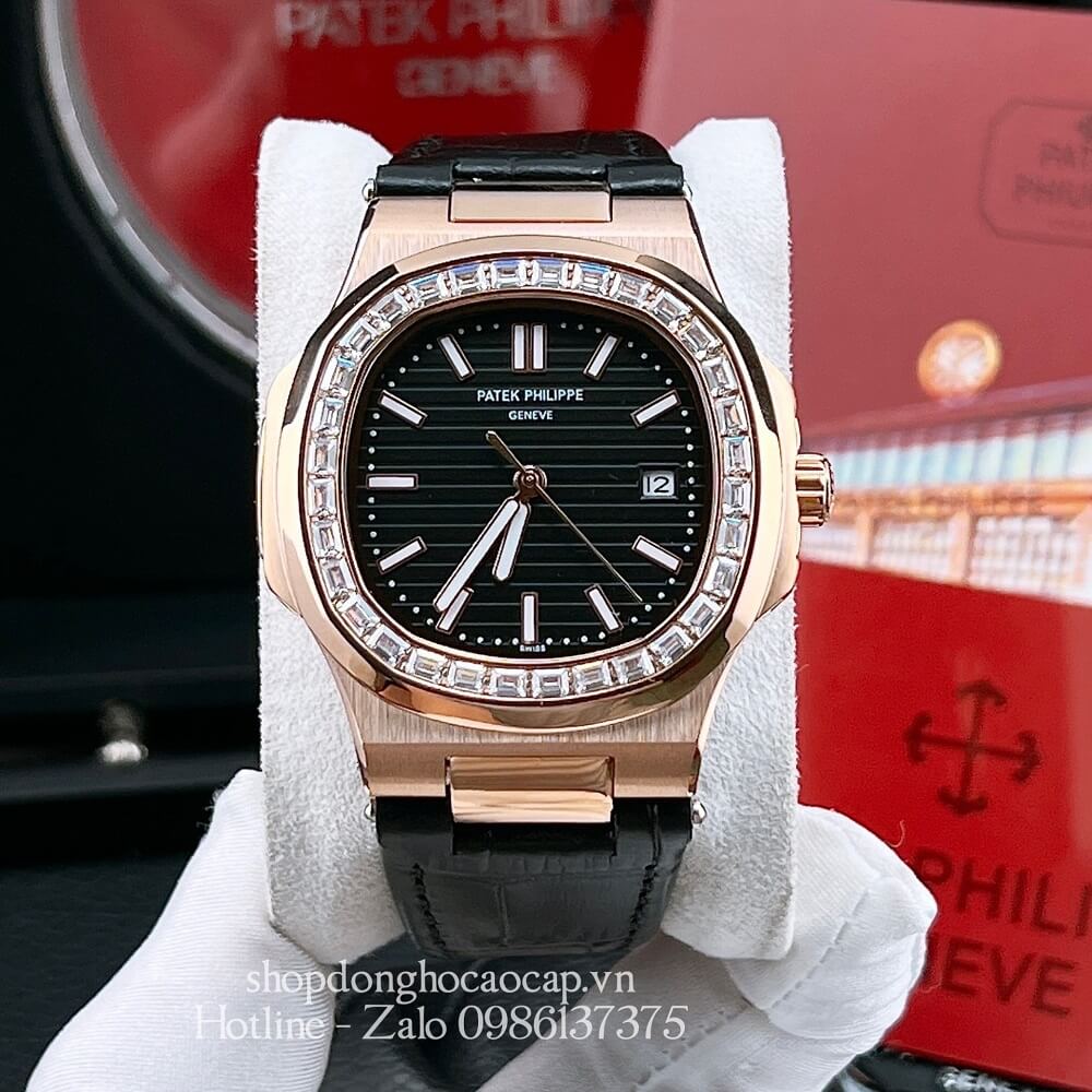 Đồng Hồ Patek Philippe Nam Máy Tự Động Viền Đá Dây Da Đen Rose Gold 42x42mm