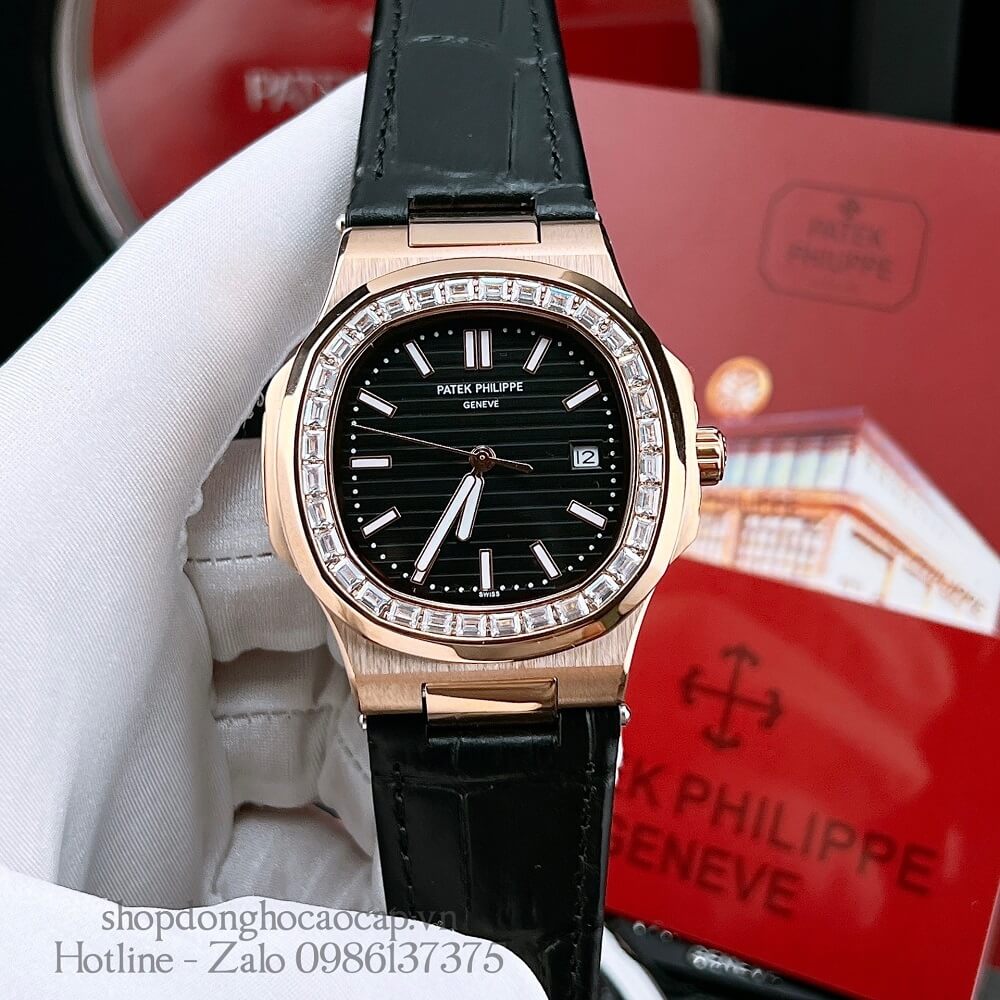 Đồng Hồ Patek Philippe Nam Máy Tự Động Viền Đá Dây Da Đen Rose Gold 42x42mm