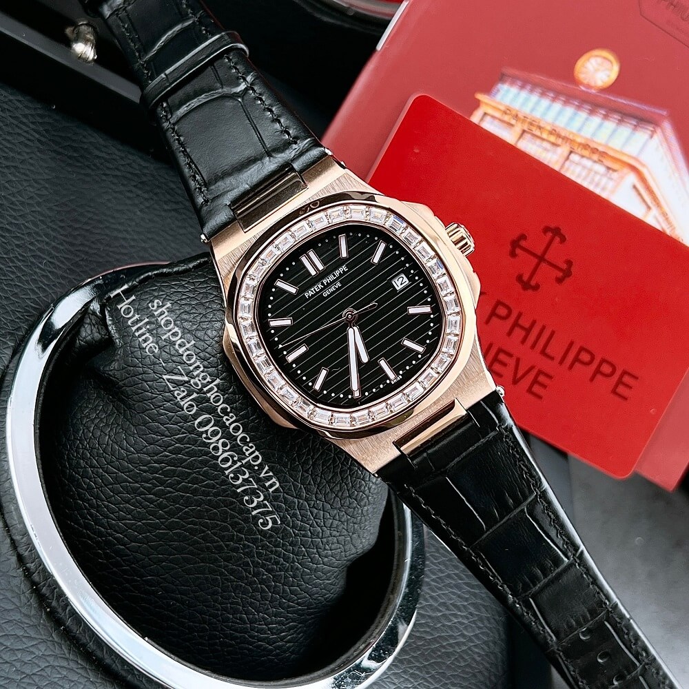 Đồng Hồ Patek Philippe Nam Máy Tự Động Viền Đá Dây Da Đen Rose Gold 42x42mm