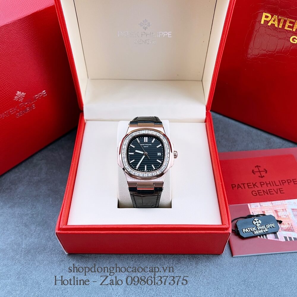 Đồng Hồ Patek Philippe Nam Máy Tự Động Viền Đá Dây Da Đen Rose Gold 42x42mm