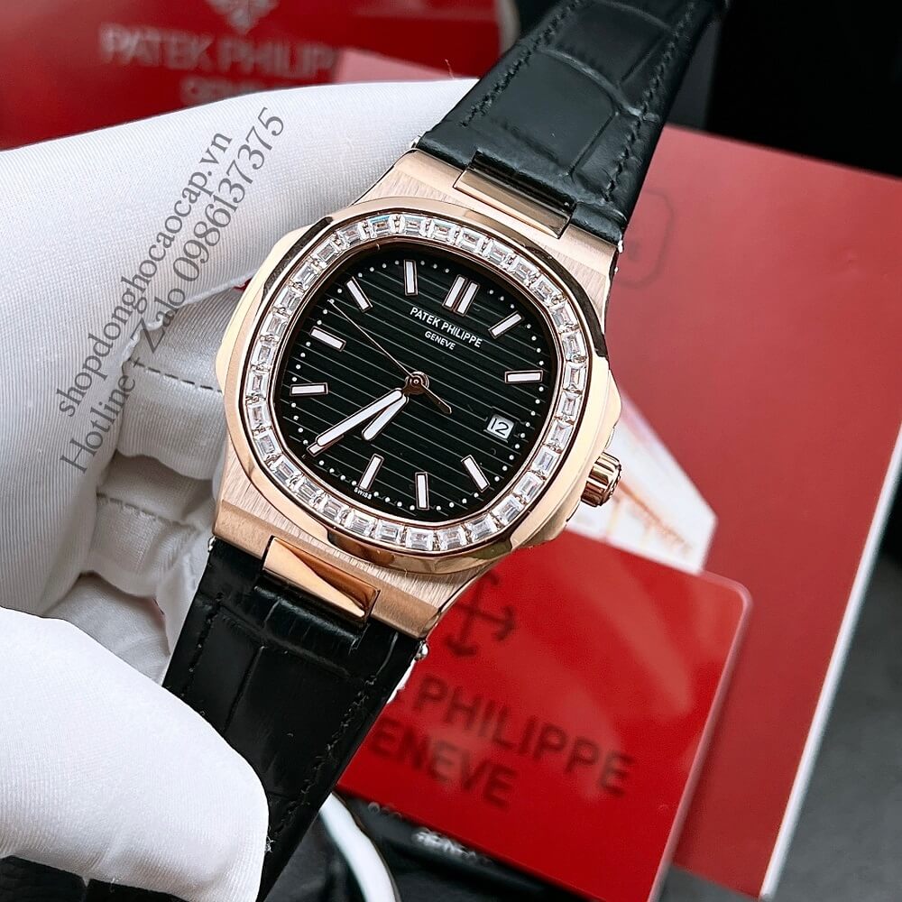 Đồng Hồ Patek Philippe Nam Máy Tự Động Viền Đá Dây Da Đen Rose Gold 42x42mm