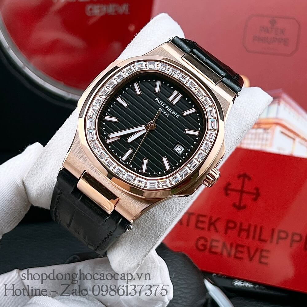 Đồng Hồ Patek Philippe Nam Máy Tự Động Viền Đá Dây Da Đen Rose Gold 42x42mm