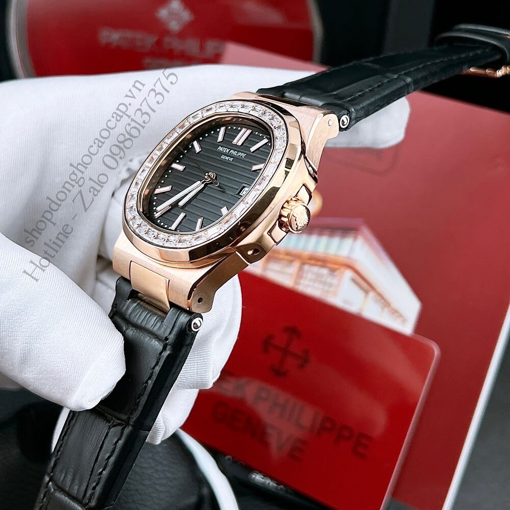 Đồng Hồ Patek Philippe Nam Máy Tự Động Viền Đá Dây Da Đen Rose Gold 42x42mm