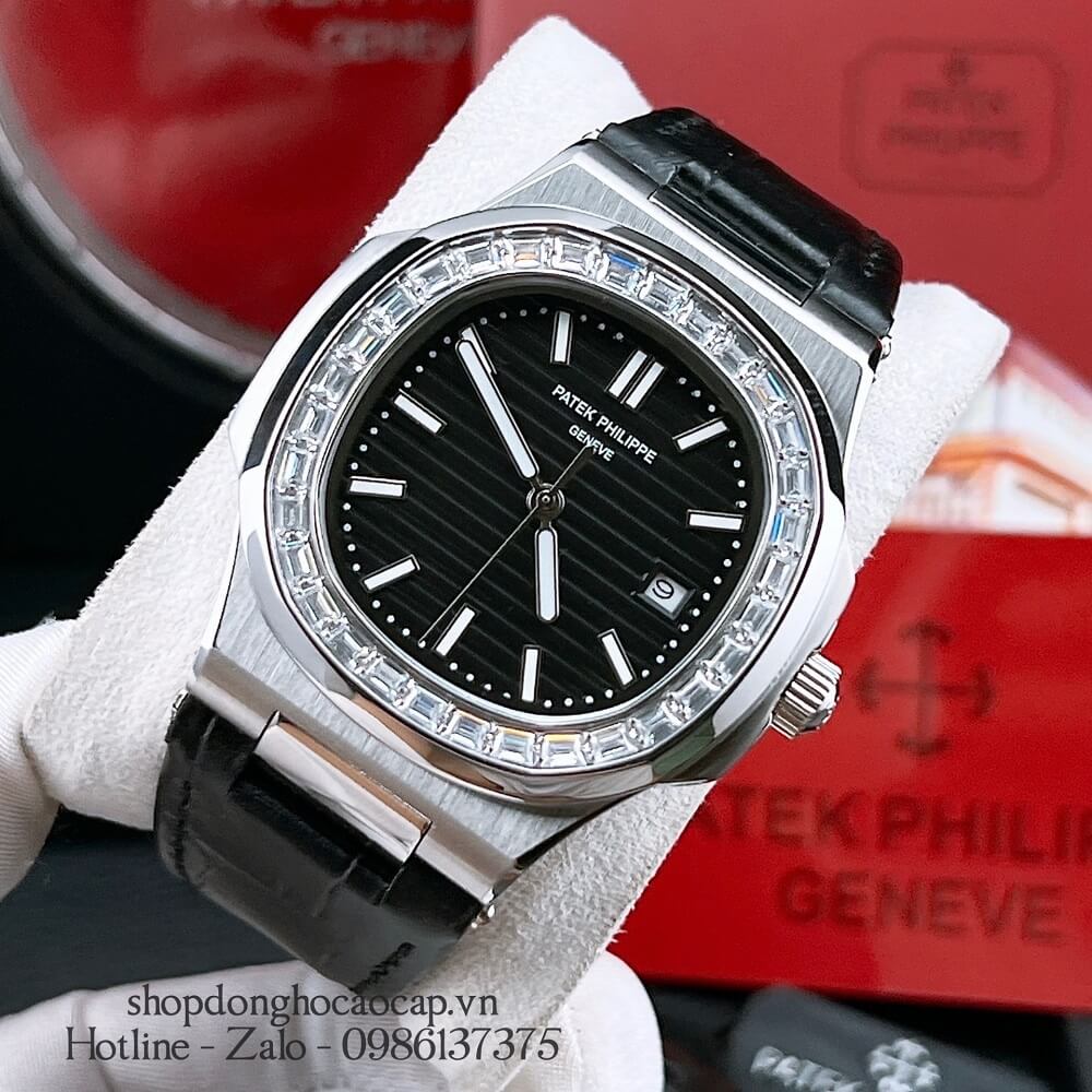 Đồng Hồ Patek Philippe Nam Máy Tự Động Viền Đá Dây Da Đen Silver 42x42mm