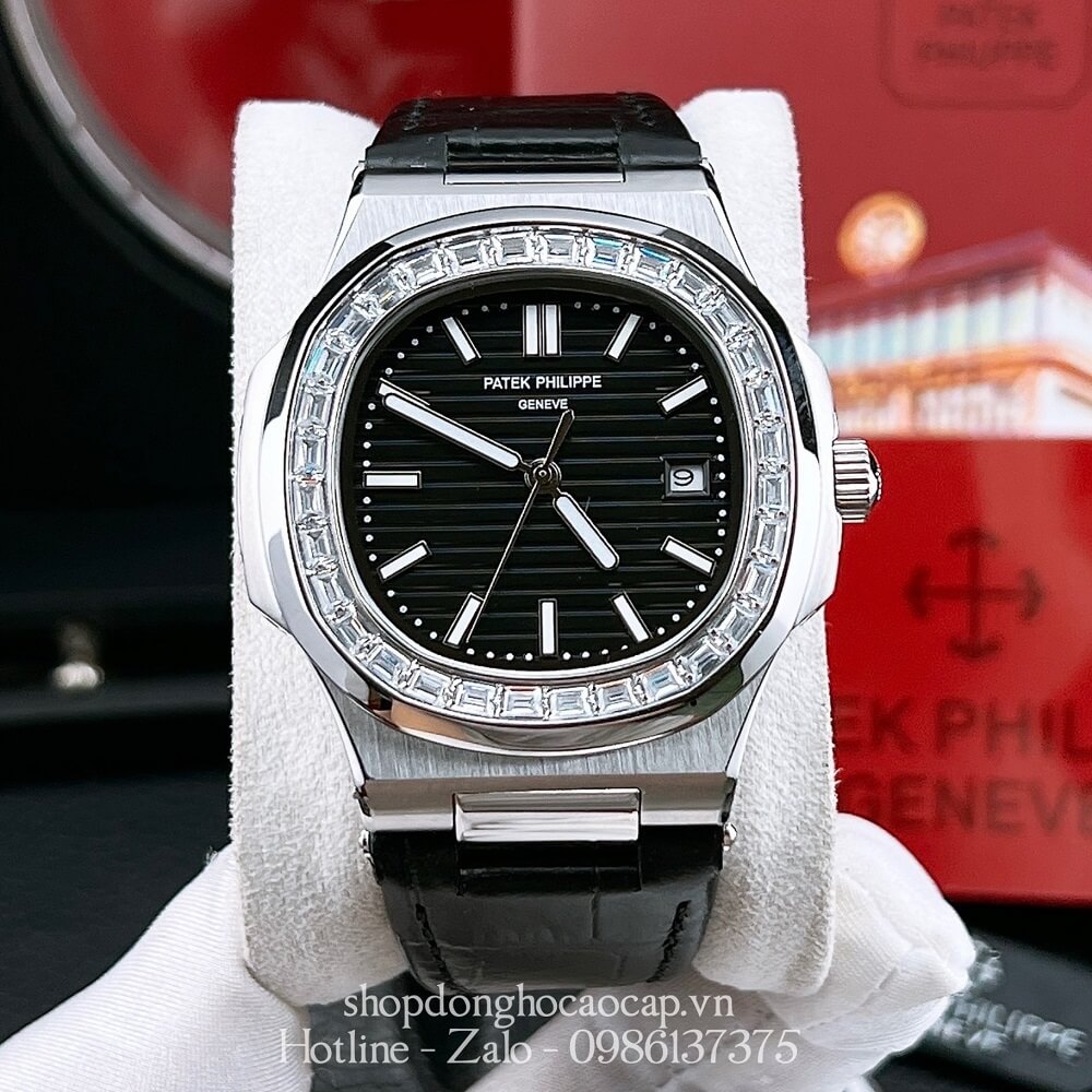 Đồng Hồ Patek Philippe Nam Máy Tự Động Viền Đá Dây Da Đen Silver 42x42mm