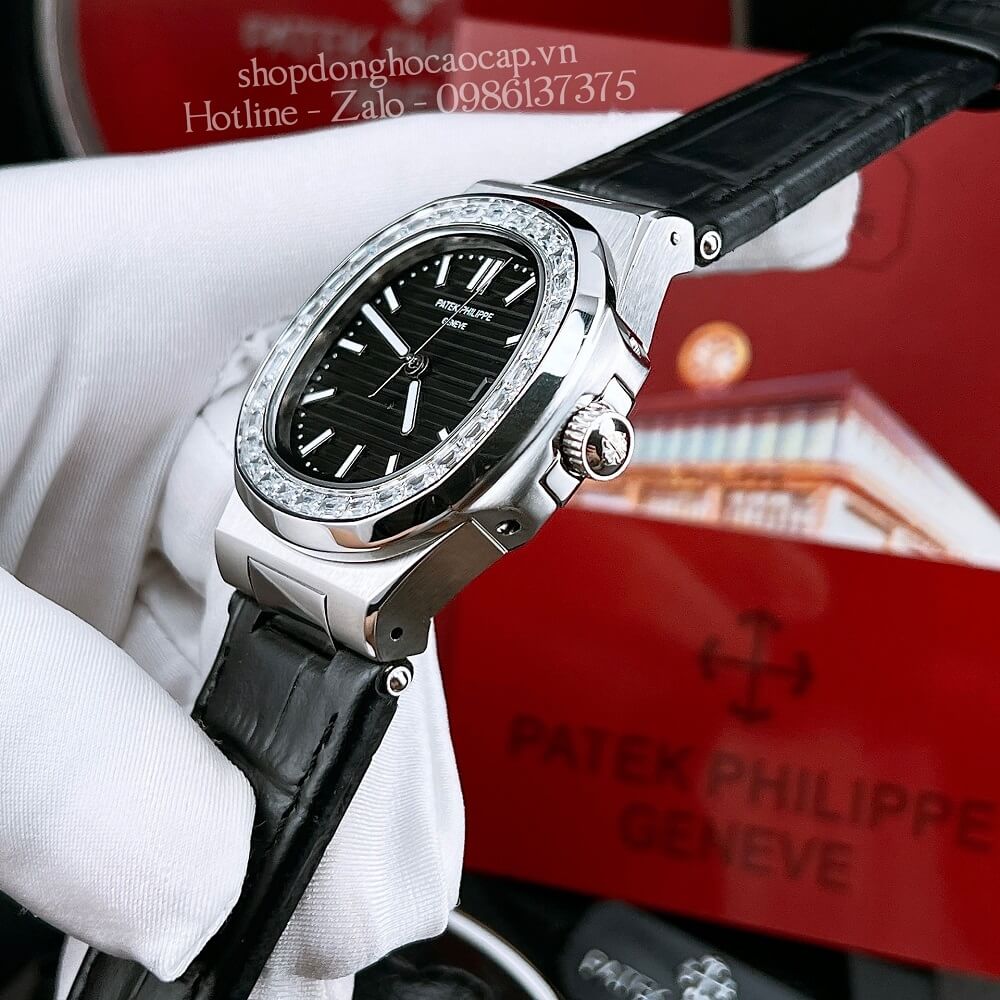 Đồng Hồ Patek Philippe Nam Máy Tự Động Viền Đá Dây Da Đen Silver 42x42mm