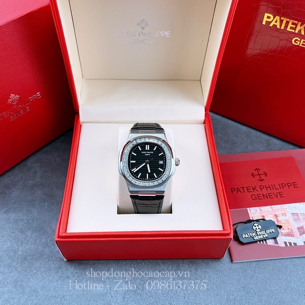 Đồng Hồ Patek Philippe Nam Máy Tự Động Viền Đá Dây Da Đen Silver 42x42mm