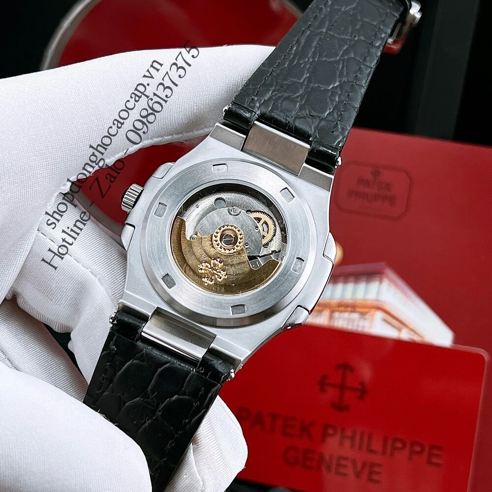 Đồng Hồ Patek Philippe Nam Máy Tự Động Viền Đá Dây Da Đen Silver 42x42mm