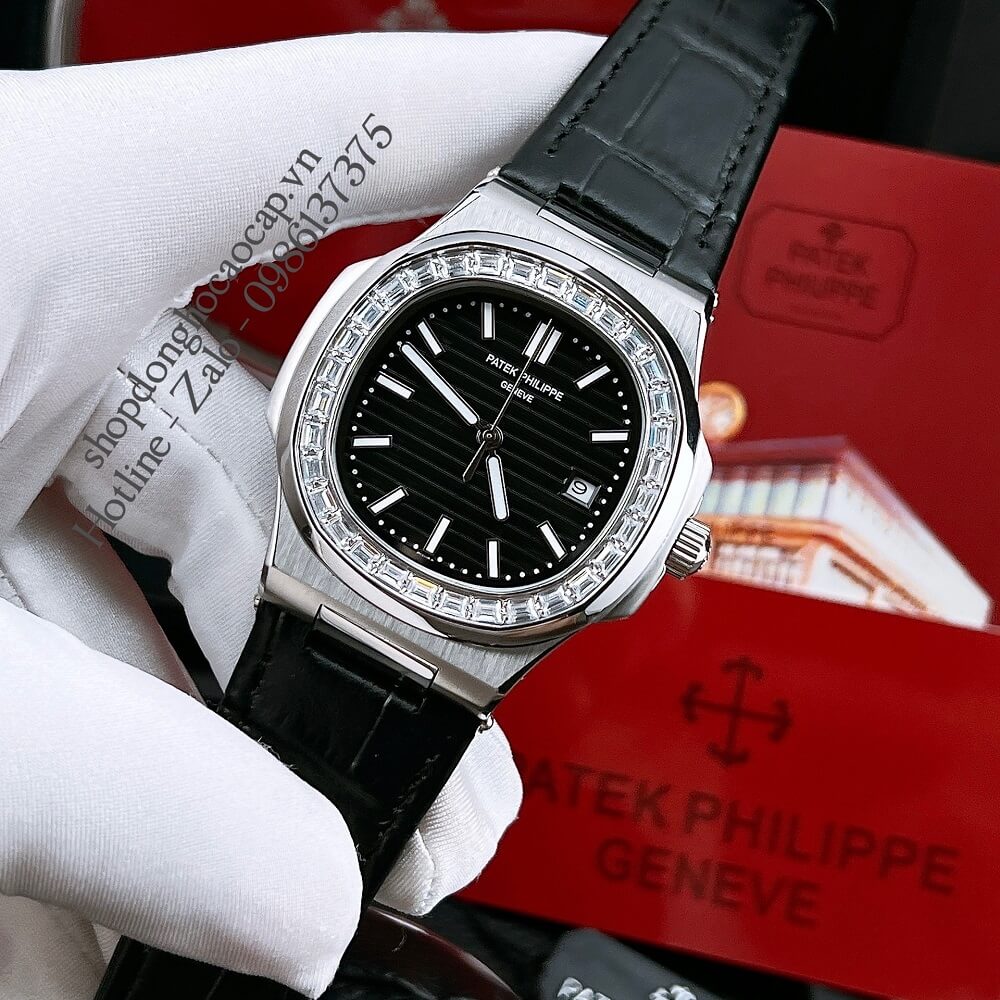 Đồng Hồ Patek Philippe Nam Máy Tự Động Viền Đá Dây Da Đen Silver 42x42mm