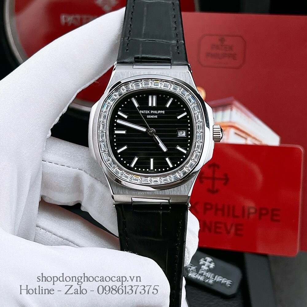 Đồng Hồ Patek Philippe Nam Máy Tự Động Viền Đá Dây Da Đen Silver 42x42mm