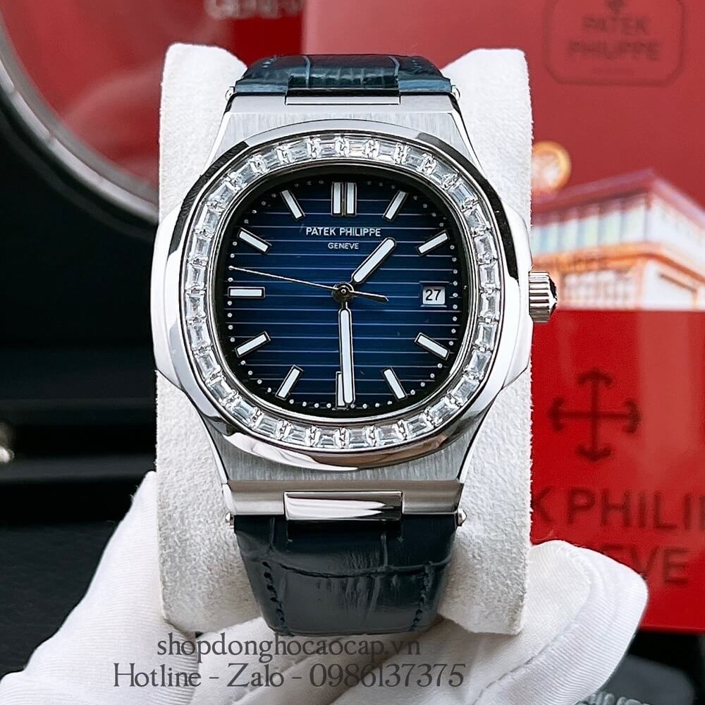 Đồng Hồ Patek Philippe Nam Máy Tự Động Viền Đá Dây Da Xanh Silver 42mm