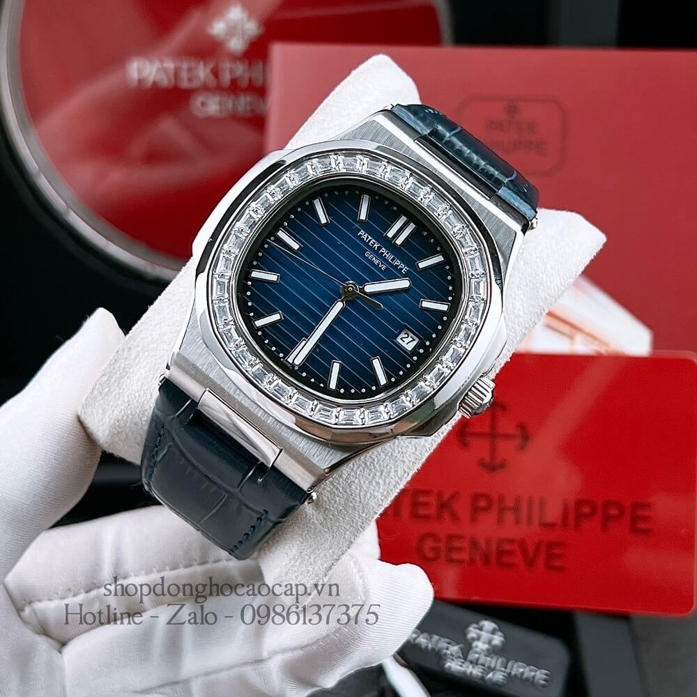 Đồng Hồ Patek Philippe Nam Máy Tự Động Viền Đá Dây Da Xanh Silver 42x42mm
