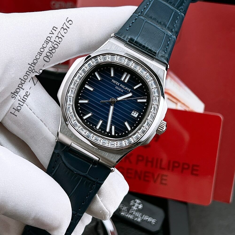 Đồng Hồ Patek Philippe Nam Máy Tự Động Viền Đá Dây Da Xanh Silver 42x42mm