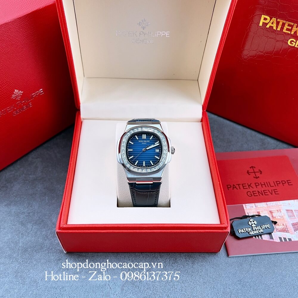 Đồng Hồ Patek Philippe Nam Máy Tự Động Viền Đá Dây Da Xanh Silver 42x42mm