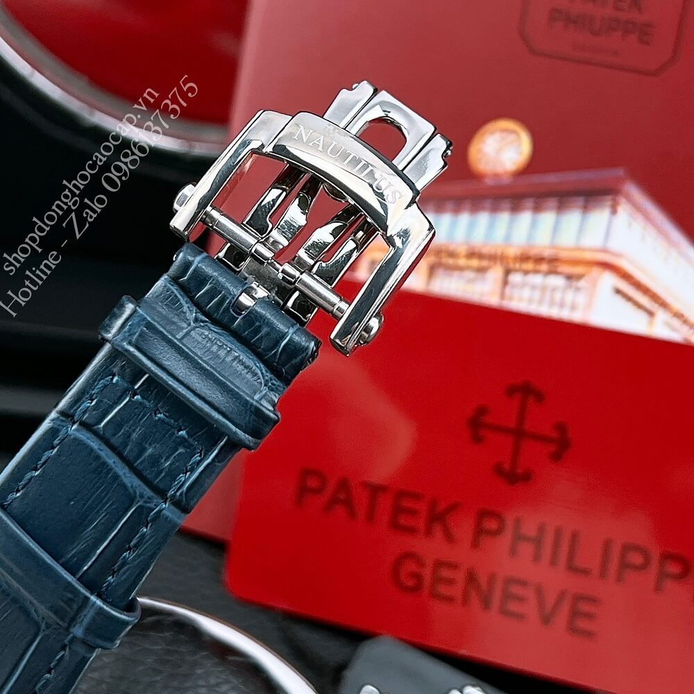 Đồng Hồ Patek Philippe Nam Máy Tự Động Viền Đá Dây Da Xanh Silver 42x42mm