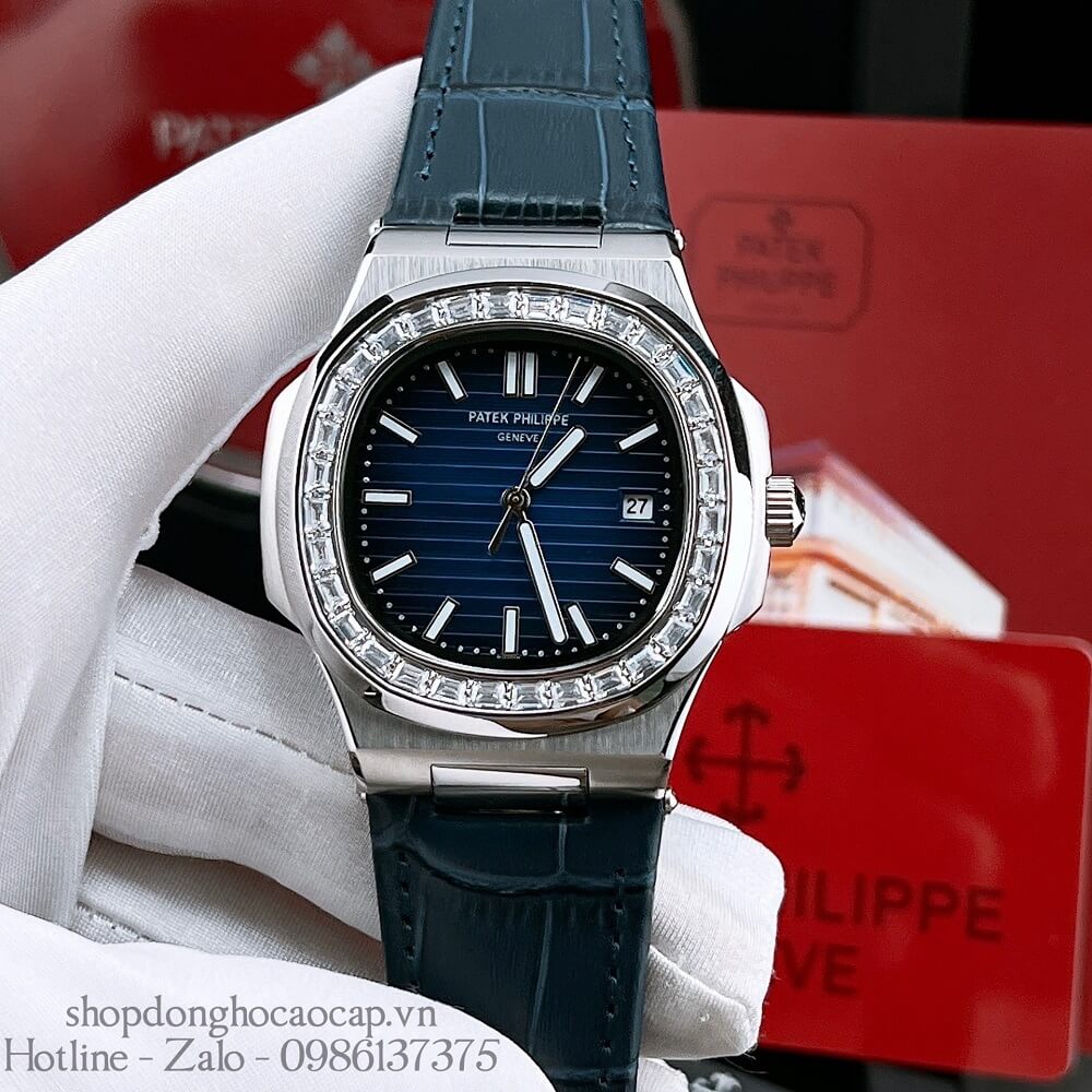 Đồng Hồ Patek Philippe Nam Máy Tự Động Viền Đá Dây Da Xanh Silver 42x42mm