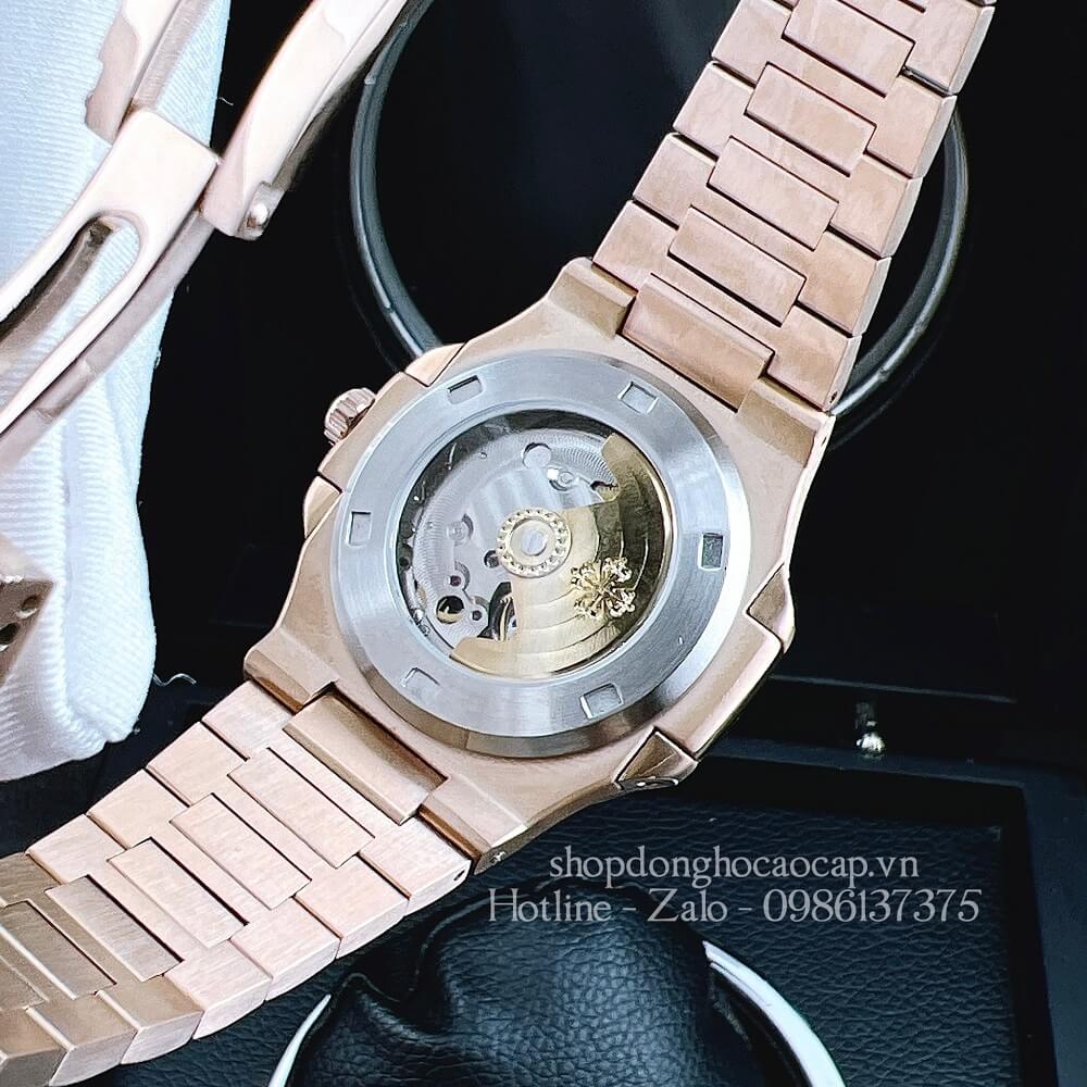 Đồng Hồ Patek Philippe Nam Máy Tự Động Viền Đá Dây Inox Rose Gold Mặt Đen 42mm