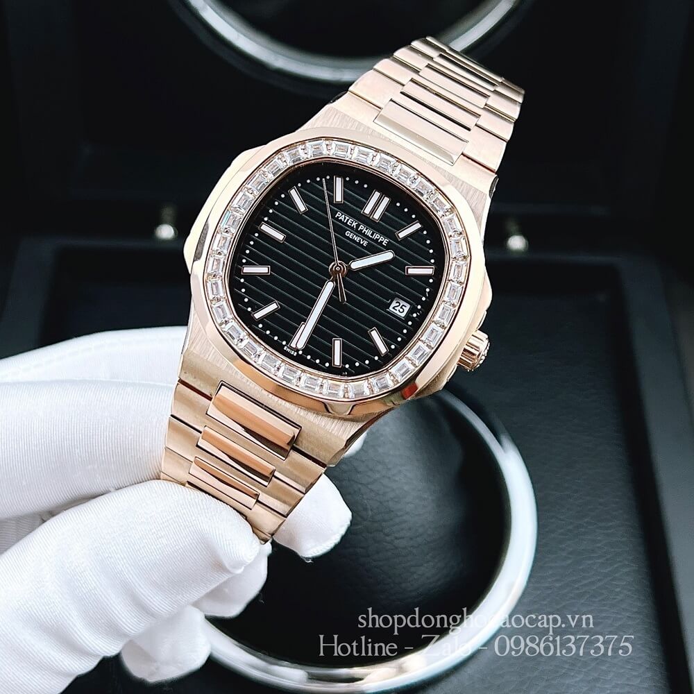 Đồng Hồ Patek Philippe Nam Máy Tự Động Viền Đá Dây Inox Rose Gold Mặt Đen 42mm