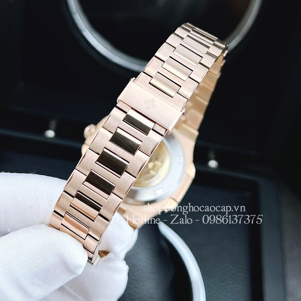 Đồng Hồ Patek Philippe Nam Máy Tự Động Viền Đá Dây Inox Rose Gold Mặt Đen 42mm