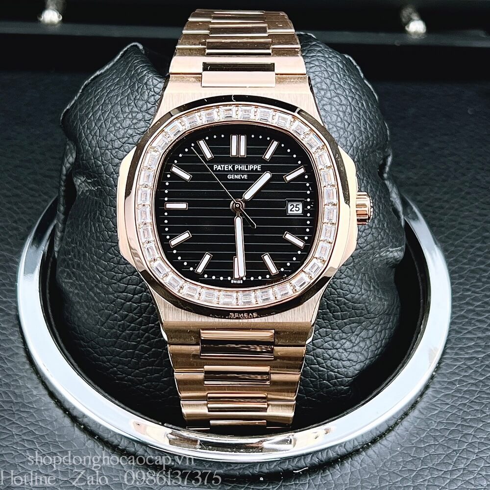 Đồng Hồ Patek Philippe Nam Máy Tự Động Viền Đá Dây Inox Rose Gold Mặt Đen 42mm