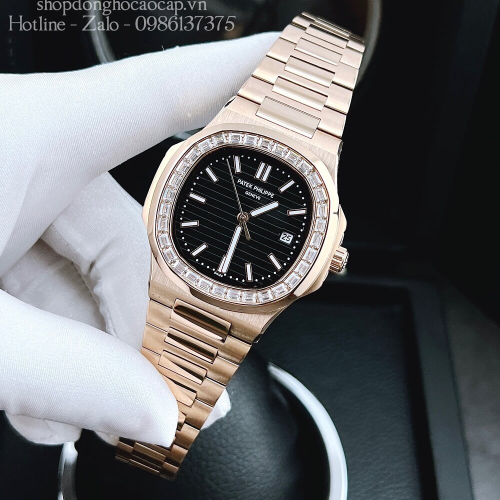 Đồng Hồ Patek Philippe Nam Máy Tự Động Viền Đá Dây Inox Rose Gold Mặt Đen 42mm