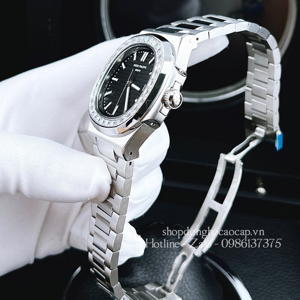 Đồng Hồ Patek Philippe Nam Máy Tự Động Viền Đá Dây Inox Silver Mặt Đen 42x42mm