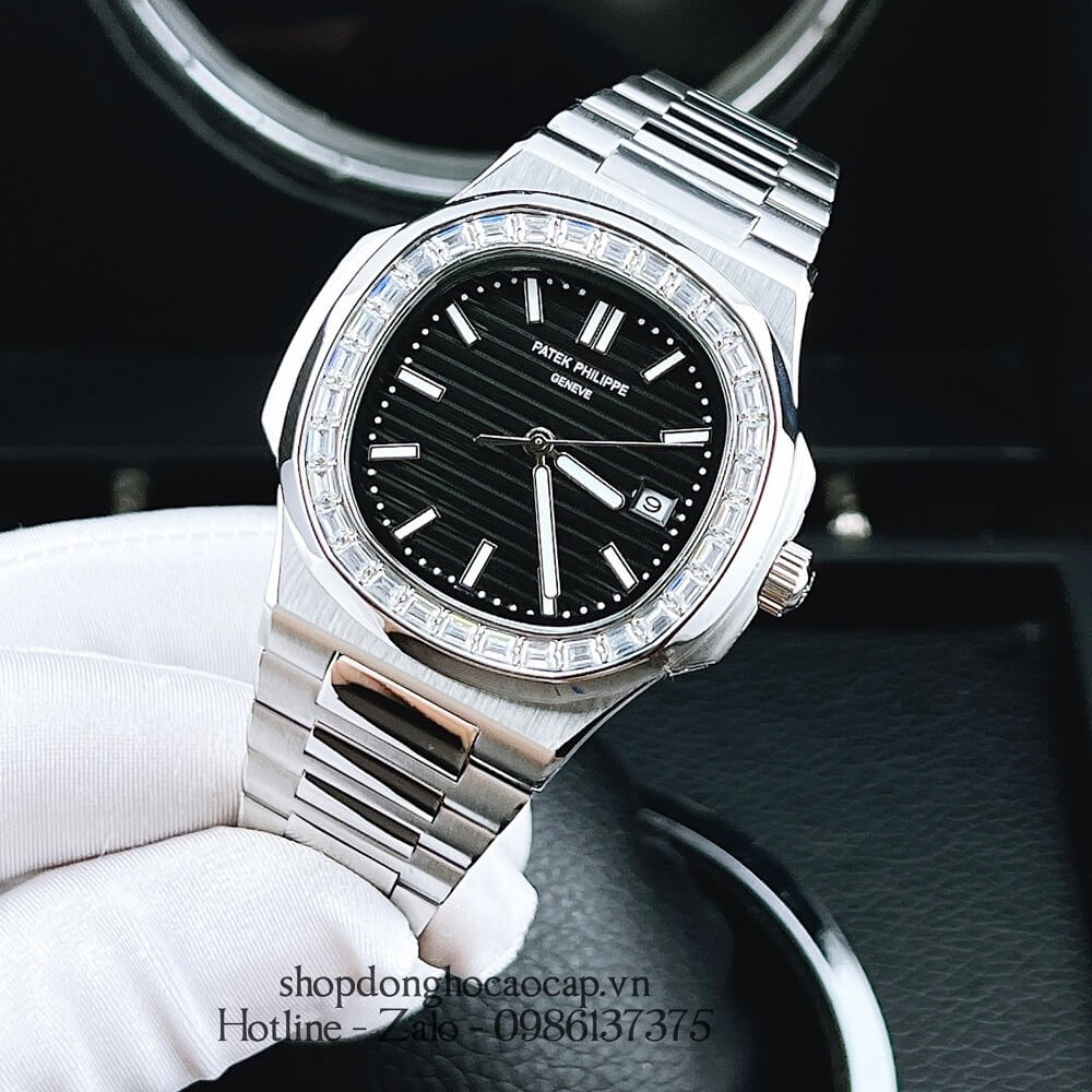 Đồng Hồ Patek Philippe Nam Máy Tự Động Viền Đá Dây Inox Silver Mặt Đen 42x42mm