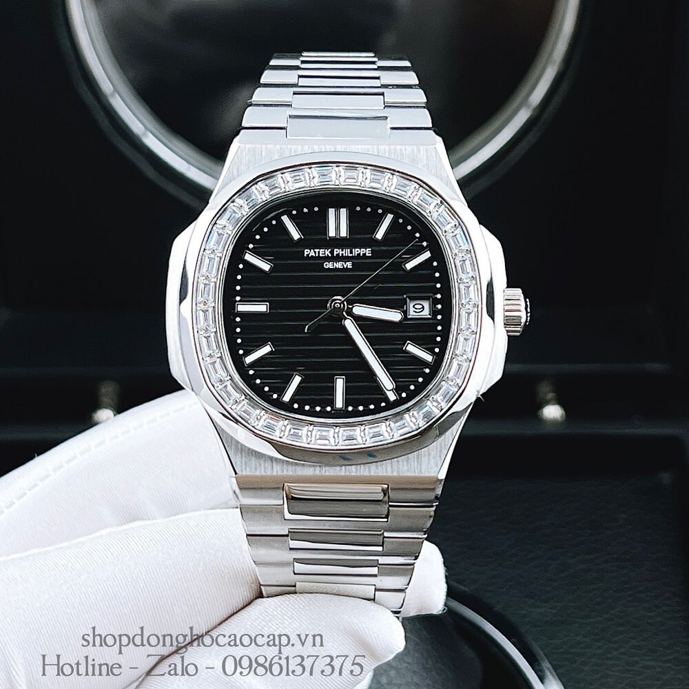 Đồng Hồ Patek Philippe Nam Máy Tự Động Viền Đá Dây Inox Silver Mặt Đen 42mm