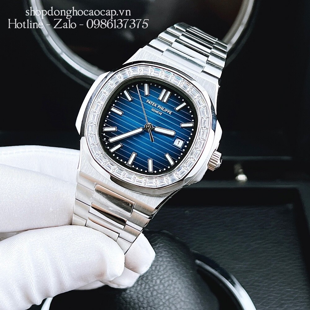 Đồng Hồ Patek Philippe Nam Máy Tự Động Viền Đá Dây Inox Silver Mặt Xanh 42x42mm