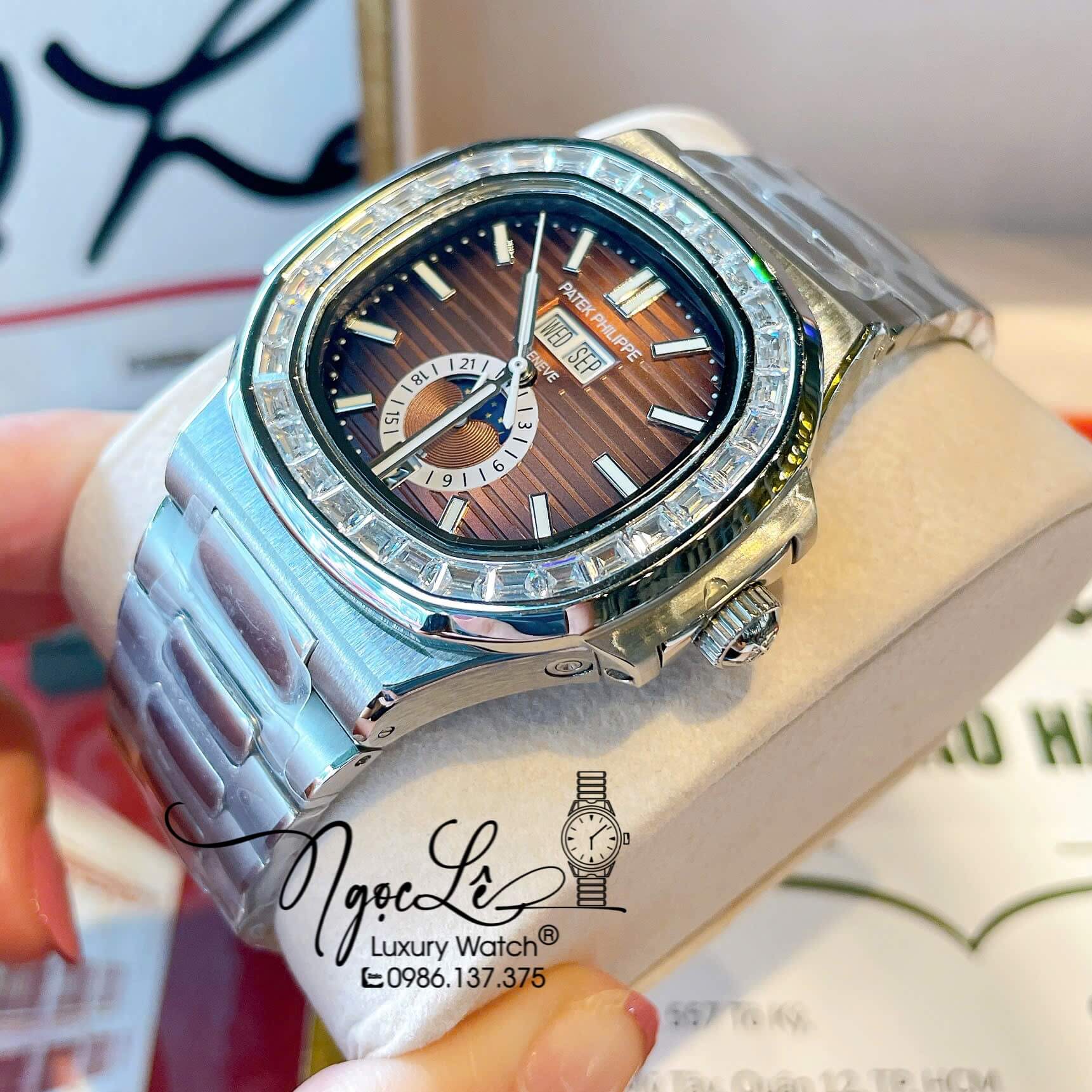 Đồng Hồ Patek Philippe Nautilus Nam Tự Động Dây Kim Loại Silver Mặt Ombre Nâu Đính Đá Size 40mm