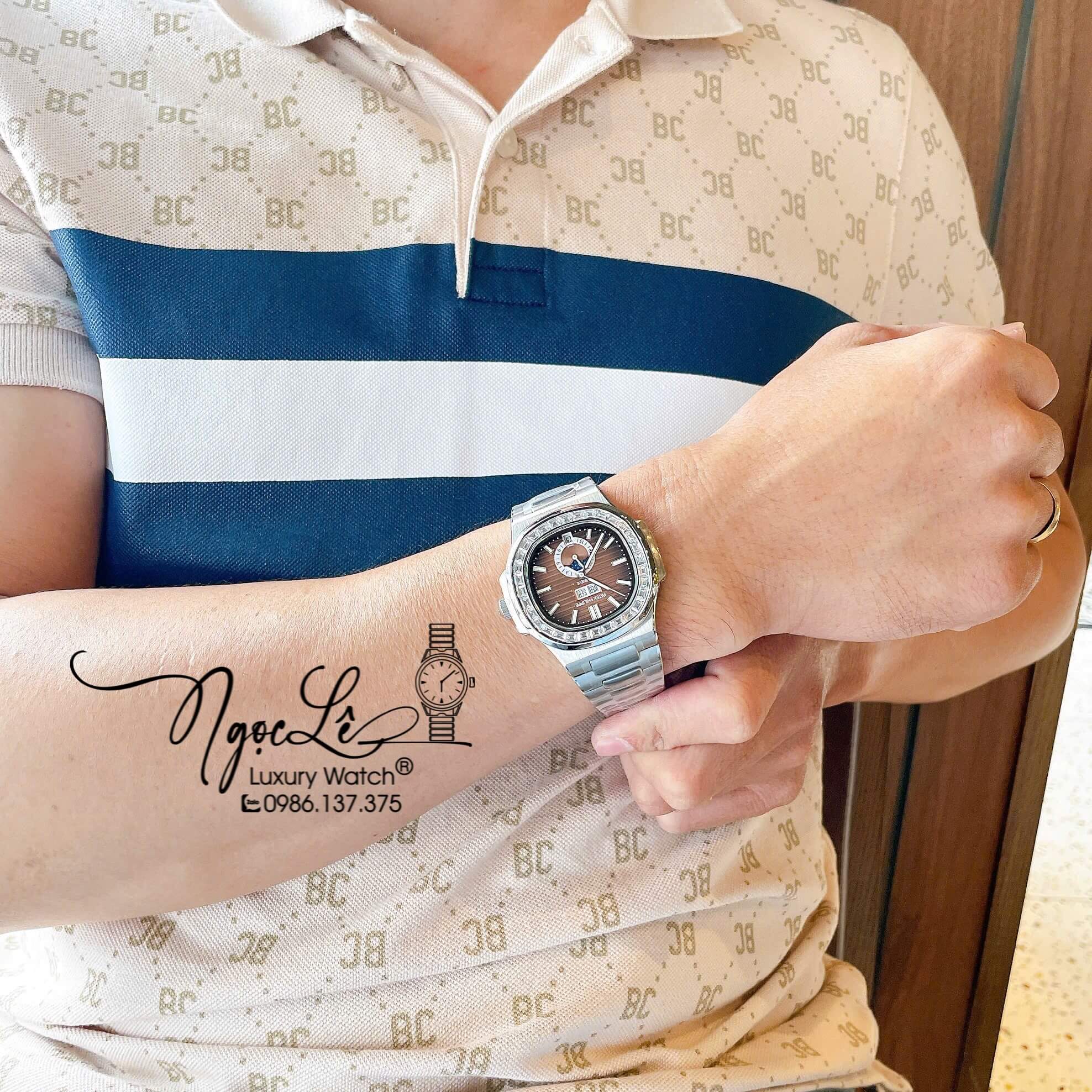 Đồng Hồ Patek Philippe Nautilus Nam Tự Động Dây Kim Loại Silver Mặt Ombre Nâu Đính Đá Size 40mm