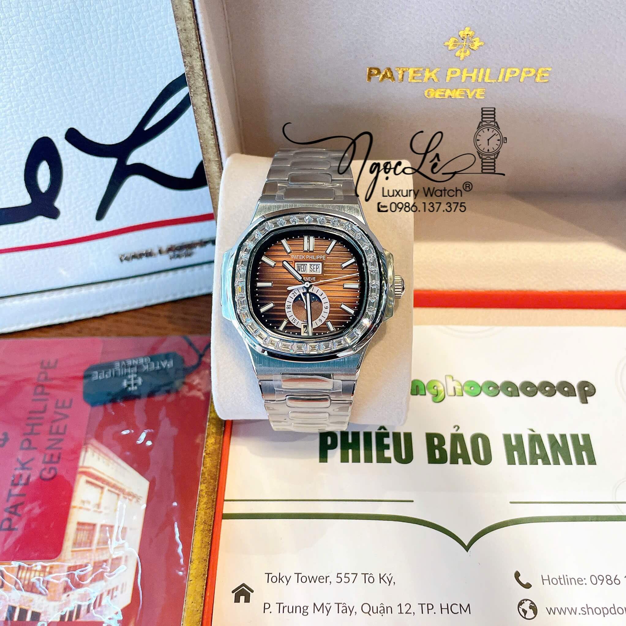 Đồng Hồ Patek Philippe Nautilus Nam Tự Động Dây Kim Loại Silver Mặt Ombre Nâu Đính Đá Size 40mm