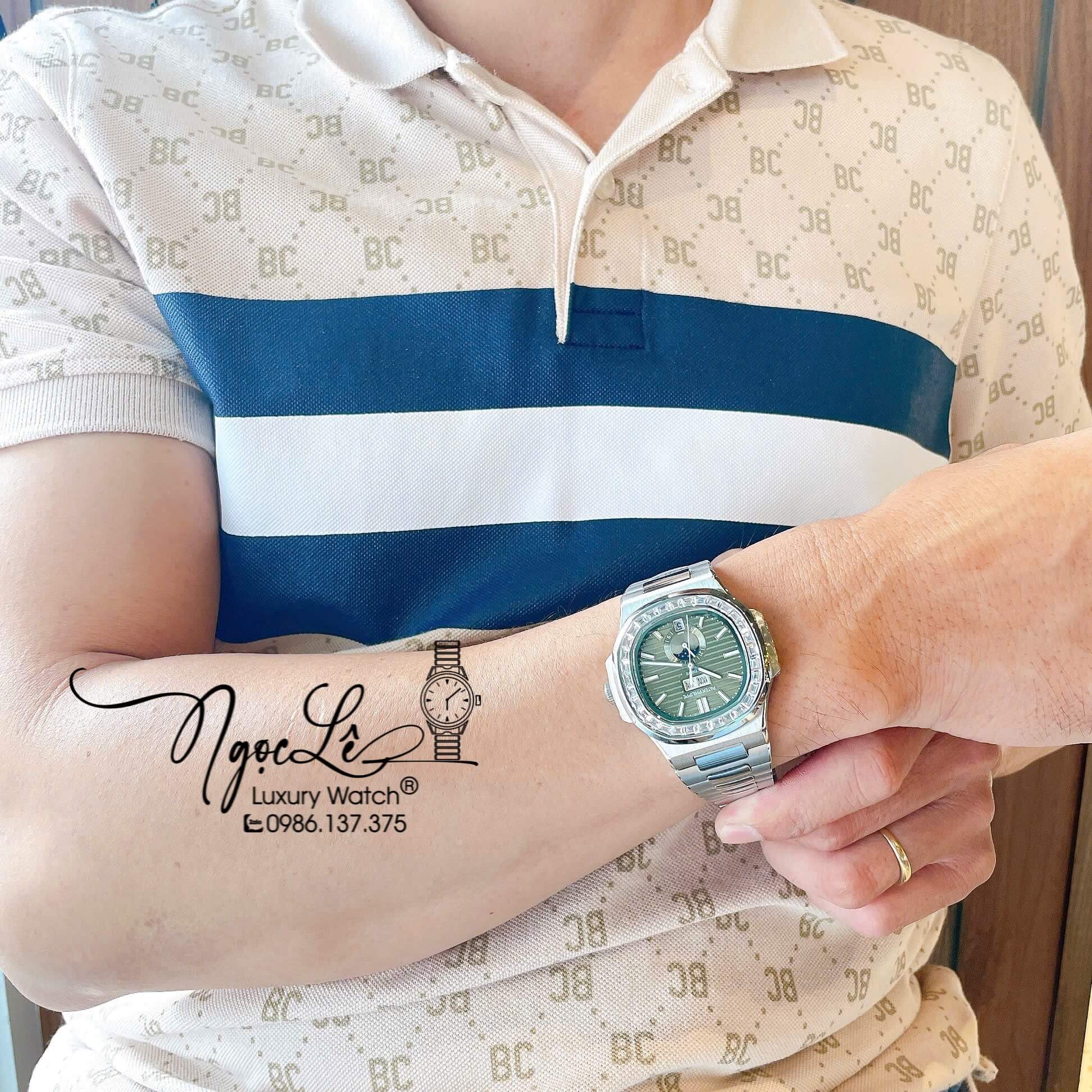 Đồng Hồ Patek Philippe Nautilus Nam Tự Động Dây Kim Loại Silver Mặt Xanh Rêu Lạnh Đính Đá Size 40mm