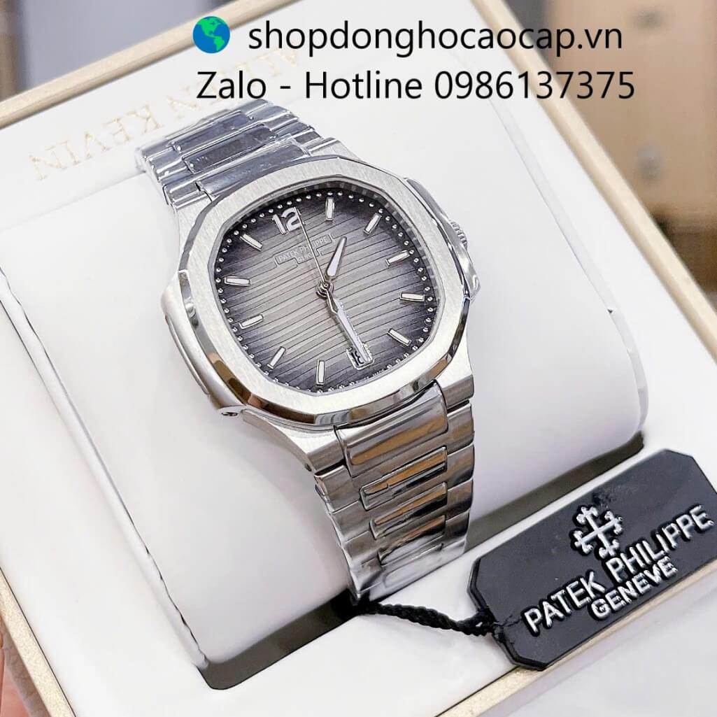 Đồng hồ Patek Philippe Nautilus nữ dây thép silver mặt đen ombre máy Thụy Sĩ size 36mm, đồng hồ viền trơn
