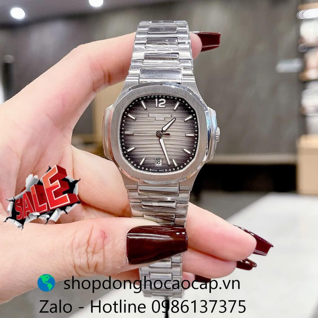 Đồng hồ Patek Philippe Nautilus nữ dây thép silver mặt đen ombre máy Thụy Sĩ size 36mm, đồng hồ viền trơn