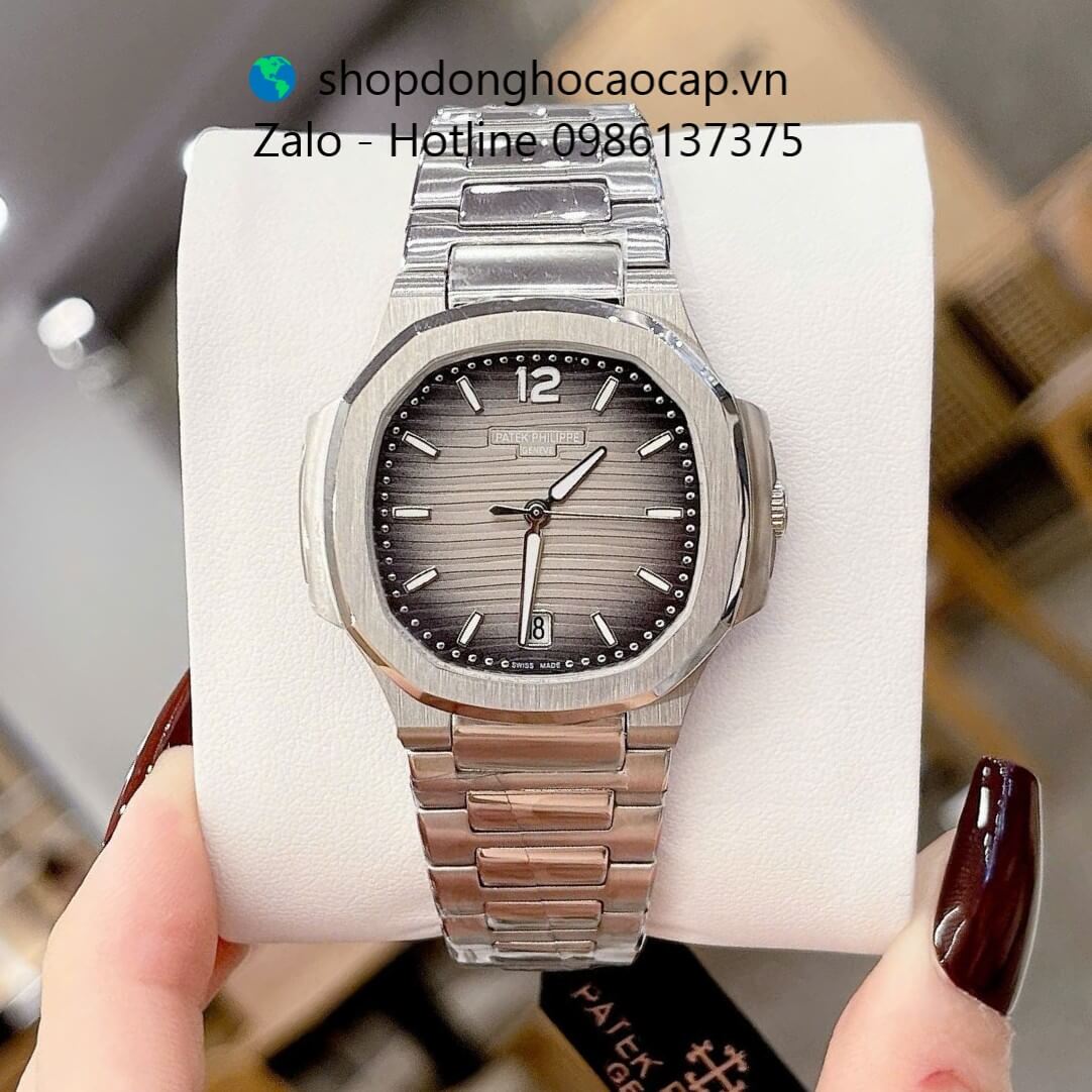 Đồng hồ Patek Philippe Nautilus nữ dây thép silver mặt đen ombre máy Thụy Sĩ size 36mm, đồng hồ viền trơn