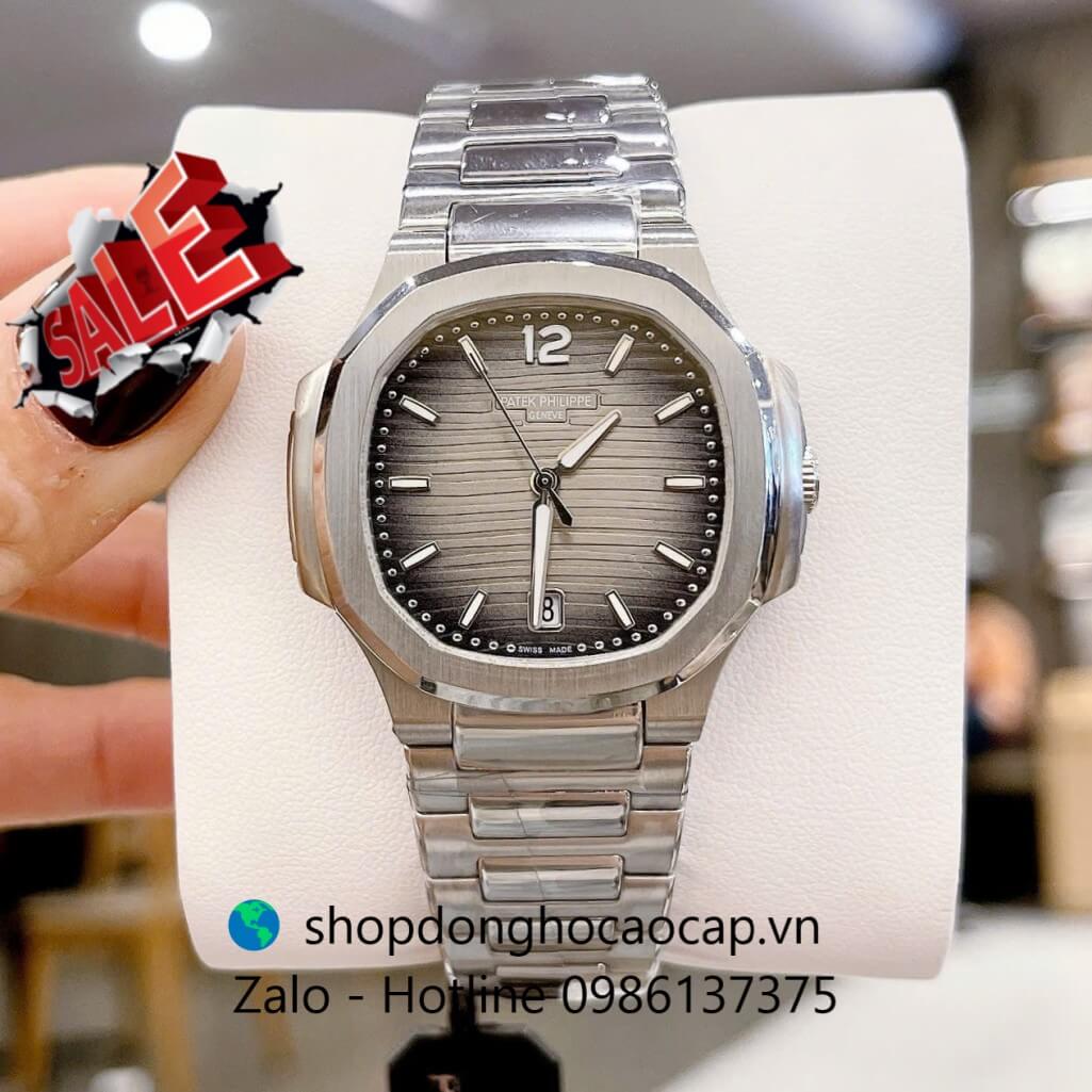Đồng hồ Patek Philippe Nautilus nữ dây thép silver mặt đen ombre máy Thụy Sĩ size 36mm, đồng hồ viền trơn